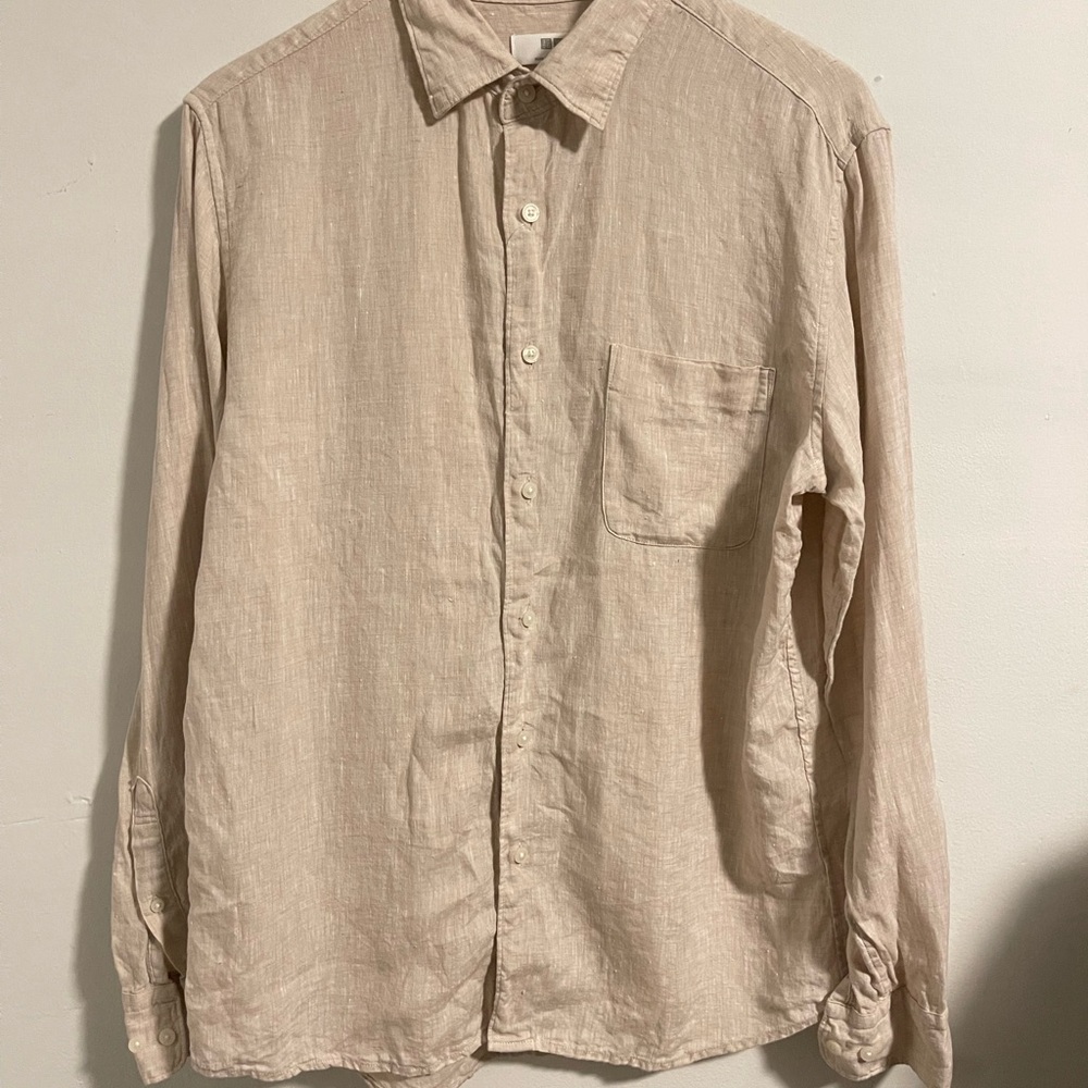 Uniqlo Men's Light Beige Linen Button-Down Shirt